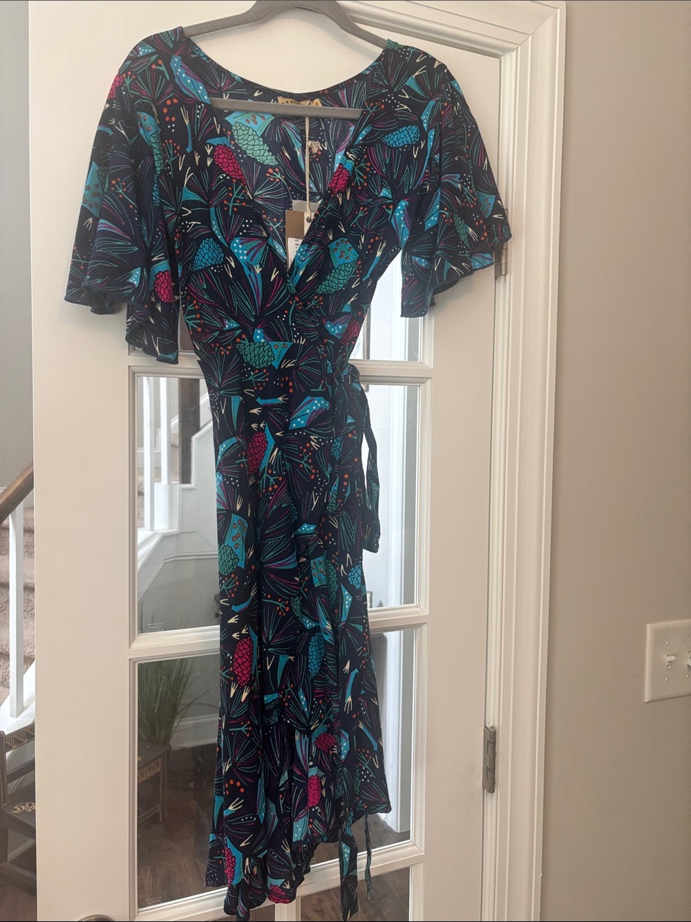 Floral Wrap Midi Dress with Flutter Sleeves — Teal & Pink on Black